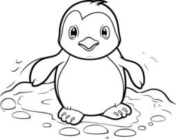 colorante libro para niños pingüino sentado en el lodo. vector