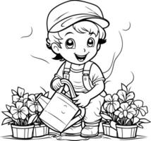 negro y blanco dibujos animados ilustración de linda pequeño chico jardinero riego flores para colorante libro vector