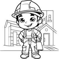 negro y blanco dibujos animados ilustración de linda bombero chico personaje para colorante libro vector