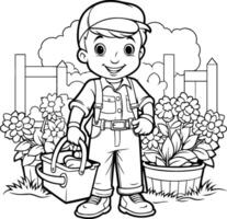 negro y blanco dibujos animados ilustración de linda jardinero o jardinero chico personaje para colorante libro vector