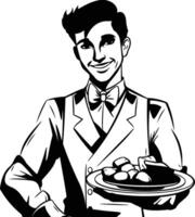 waiter with a tray of olives. black and white illustration vector