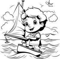 negro y blanco dibujos animados ilustración de un niño navegación en un barco o yate para colorante libro vector