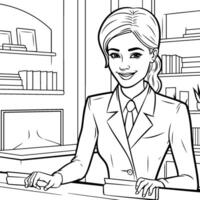 Businesswoman in the office. Black and white illustration for coloring book. vector