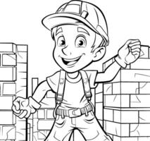 Black and White Cartoon Illustration of Kid Boy Construction Worker Character for Coloring Book vector