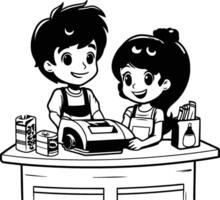 Cute boy and girl at the cash register. Black and white illustration. vector