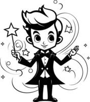 Black and white cartoon illustration of a magician holding a magic wand. vector