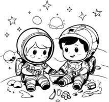 colorante libro para niños astronauta chico y muchacha. ilustración. vector