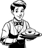 illustration of a waiter holding a tray with a plate of food vector
