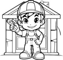 negro y blanco dibujos animados ilustración de linda pequeño chico construcción trabajador personaje para colorante libro vector