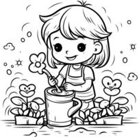 Little girl watering flowers. Coloring book for children. illustration. vector