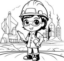 negro y blanco dibujos animados ilustración de pequeño chico construcción trabajador o ingeniero personaje para colorante libro vector