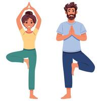 personas haciendo yoga árbol actitud vector