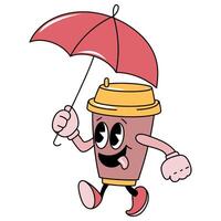Coffee Cup groovy Character with Umbrella vector