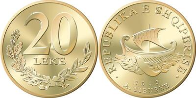 Albanian money gold coin 20 Lek vector