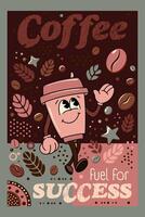 retro poster Coffee Cup groovy Character Waving Hello vector