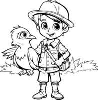 chico explorar con un pájaro - negro y blanco ilustración para colorante libro vector