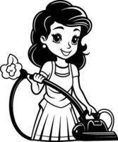 Cute girl with a vacuum cleaner and a flower. illustration. vector