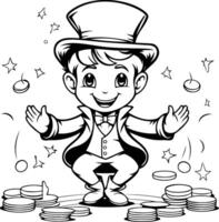 negro y blanco dibujos animados ilustración de duende o duende con dinero monedas para colorante libro vector