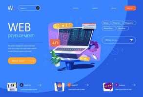 Web development concept in flat cartoon design for homepage layout. Programming and working with code, creating layouts and construct software. illustration for landing page and web banner vector