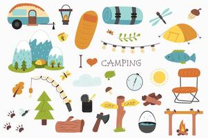 Camping and hiking isolated elements set in flat design. Bundle of trailer, sleeping bag, mat, tent, mountains, fishing rod, forest trees, firewood, canned food, ax and other. illustration. vector