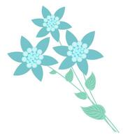 Abstract blue flowers on stems in flat design. Bloom wildflowers with leaves. illustration isolated. vector