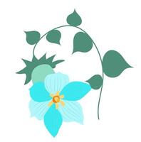 Abstract blue tropical lily in flat design. Blooming flower on green stem. illustration isolated. vector