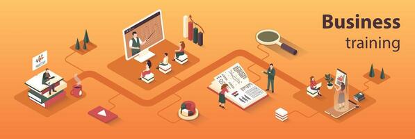 Business training concept 3d isometric infographics web banner. People improve qualifications and professional skills and study at conferences. illustration in isometry graphic design vector