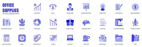 Office supplies concept of web icons set in simple flat design. Pack of growth, call, manager, presentation, contract, address book, document, diagram and other. blue pictograms for mobile app vector