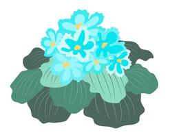 Abstract blue violets on leaves in flat design. Blooming flowers in leafage. illustration isolated. vector