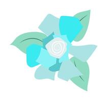 Abstract blue rose head in flat design. Blossom with swirl, petals and leaves. illustration isolated. vector