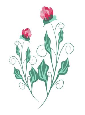 Abstract clovers with swirling twigs in flat design. Ornate curved flower with leaves. illustration isolated.