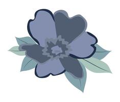 Abstract peony head with blue petals in flat design. Blossom with leaves. illustration isolated. vector
