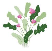 Abstract pink flower bush in flat design. Decorative blossoms with leaves. illustration isolated. vector