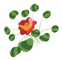 Abstract red camellia with leaves in flat design. Decorative flower bouquet. illustration isolated. vector