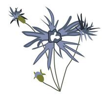 Abstract blue flowers on twig in flat design. Blooming cornflower bush. illustration isolated. vector