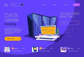 Data center concept in flat cartoon design for homepage layout. Data processing and service, cloud computing and information storage for databases. illustration for landing page and web banner vector