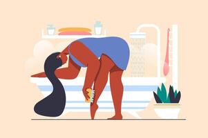 Drainage massage concept with people scene in flat design. Woman doing foot massage with dry brush, scrubbing skin and doing home body treatment. illustration with character situation for web vector