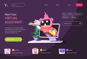 Virtual assistant concept in flat cartoon design for homepage layout. Consultation and solution of technical issues in chat with smart chatbot. illustration for landing page and web banner vector