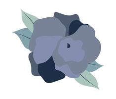 Abstract rose with blue petals in flat design. Blossom plant with leaves. illustration isolated. vector