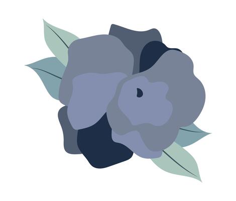 Abstract rose with blue petals in flat design. Blossom plant with leaves. illustration isolated.