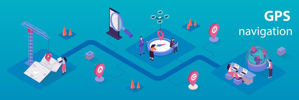 GPS navigation concept 3d isometric infographics web banner. People use online maps in applications, create and track routes with location search. illustration in isometry graphic design