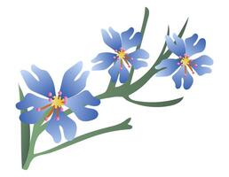 Blue flowers on branch in flat design. Springtime blossom twig bouquet. illustration isolated. vector