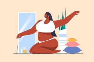 Body positive concept with people scene in flat design. Beautiful plus size curvy woman in underwear sits and looks lovingly at herself in mirror. illustration with character situation for web vector