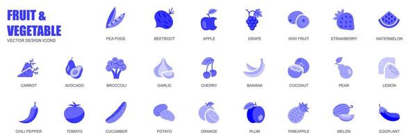 Fruta y vegetal concepto de web íconos conjunto en sencillo plano diseño. paquete de raíz de remolacha, manzana, uva, kiwi, fresa, zanahoria, palta, cereza, plátano y otro. azul pictogramas para móvil aplicación vector