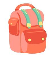 Backpack with pockets in flat design. Travel rucksack or red schoolbag. illustration isolated. vector