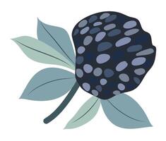 Abstract deep blue hydrangea in flat design. Blooming twig with leaves. illustration isolated. vector