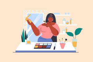 Makeup routine concept with people scene in flat design. Woman makes face visage using powder, eyeshadow and brushes and standing near mirror. illustration with character situation for web vector