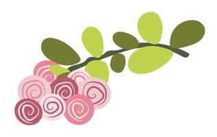 Abstract pink roses on twig in flat design. Blooming twisted rosebuds. illustration isolated. vector