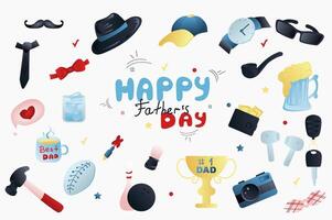 Father day holiday isolated elements set in flat design. Bundle of mustache, tie, hat, cap, wristwatch, glasses, tube, beer glass, key, camera, gold cup, shaving brush and other. illustration. vector