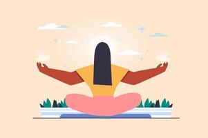 Spiritual development concept with people scene in flat design. Woman sits in lotus position and meditates, develops awareness and mindfulness. illustration with character situation for web vector